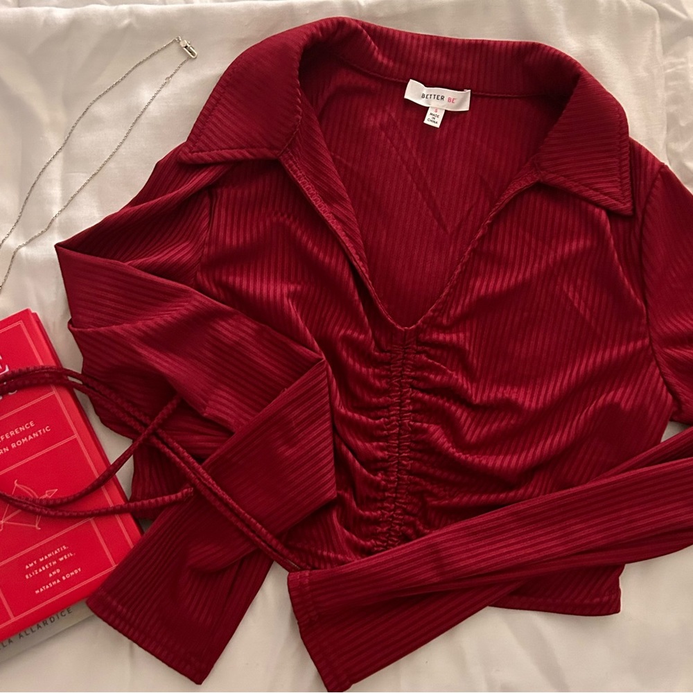 Burgundy, Tight, Cropped, Long Sleeve